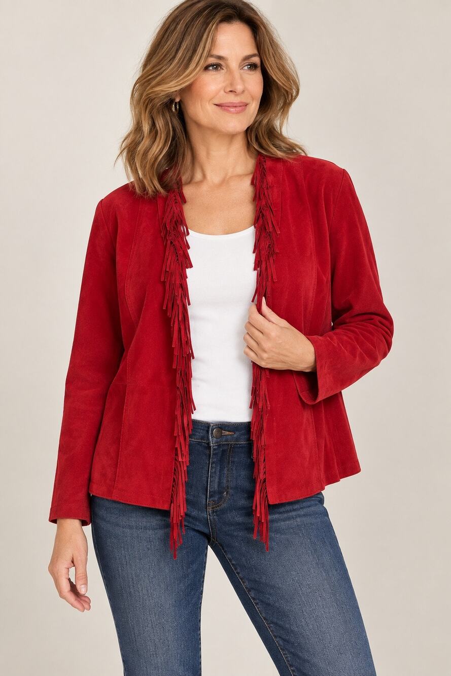 Chico’s Red Suede Leather Fringe Jacket Size 2 Western Boho